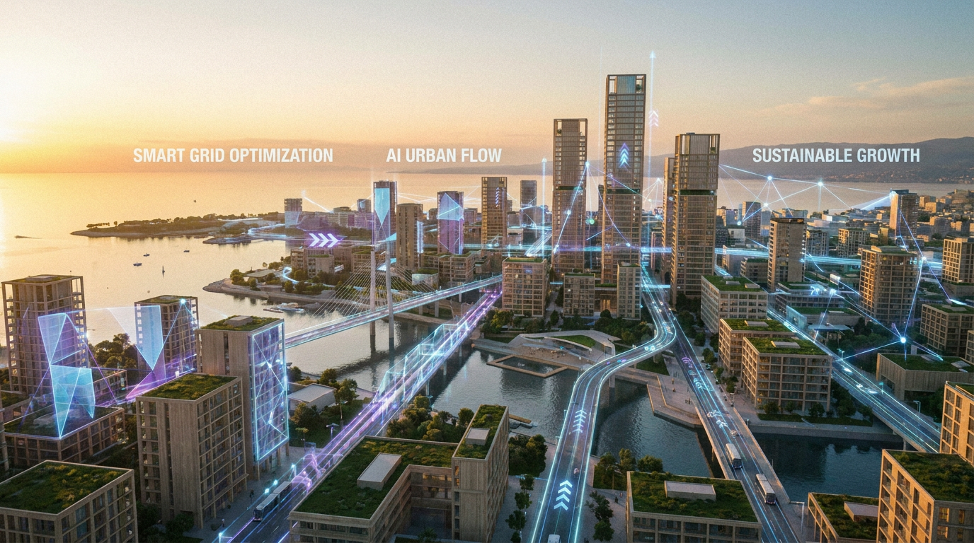 Futuristisk stadsbild i solnedgången, med digitala dataflöden som symboliserar AI och stadsplanering.