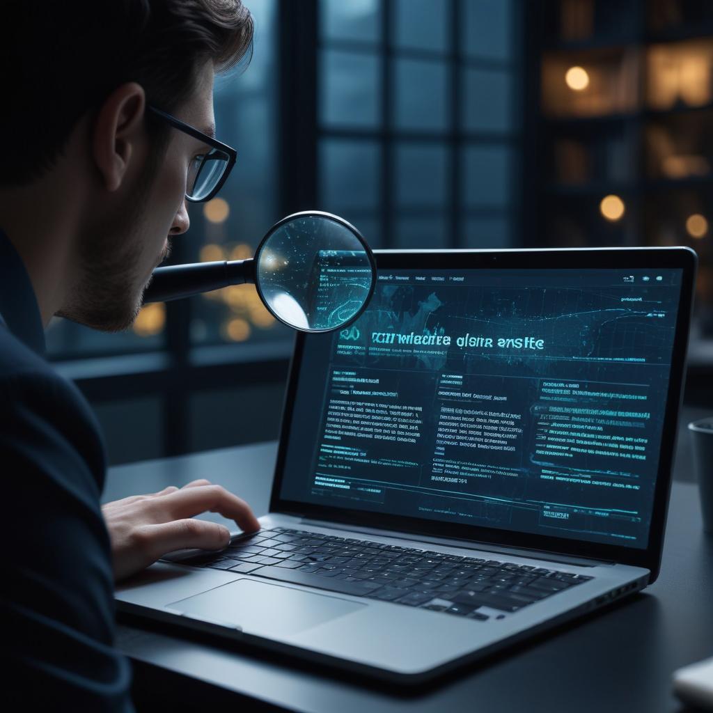 Person analyzing website on laptop screen, digital magnifying glass concept, cybersecurity and fact-