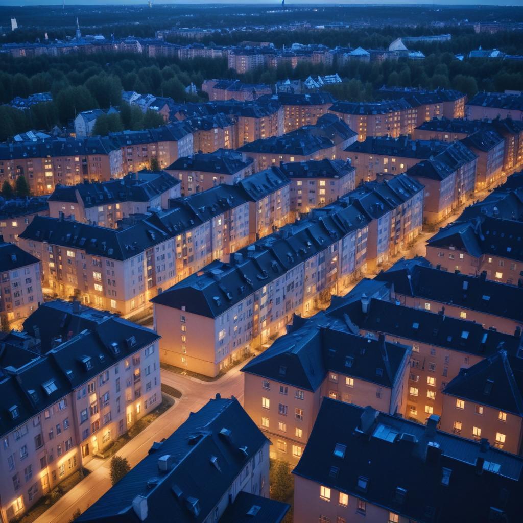 Swedish apartment buildings and housing in Stockholm, aerial view at dusk, urban residential area, r